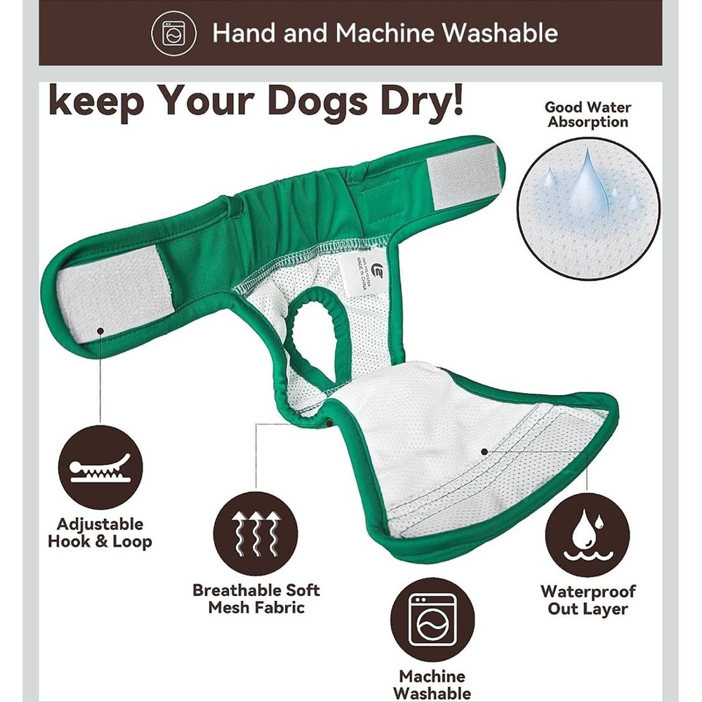 3 Pack Reusable Dog Diapers Waterproof Washable Pet Wraps Green Purple Brown